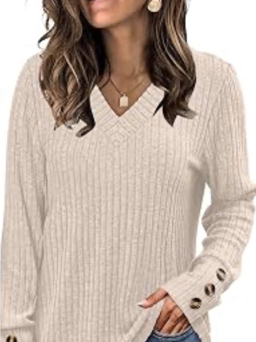Button-Cuff V-Neck Ribbed Sweater in Light Beige